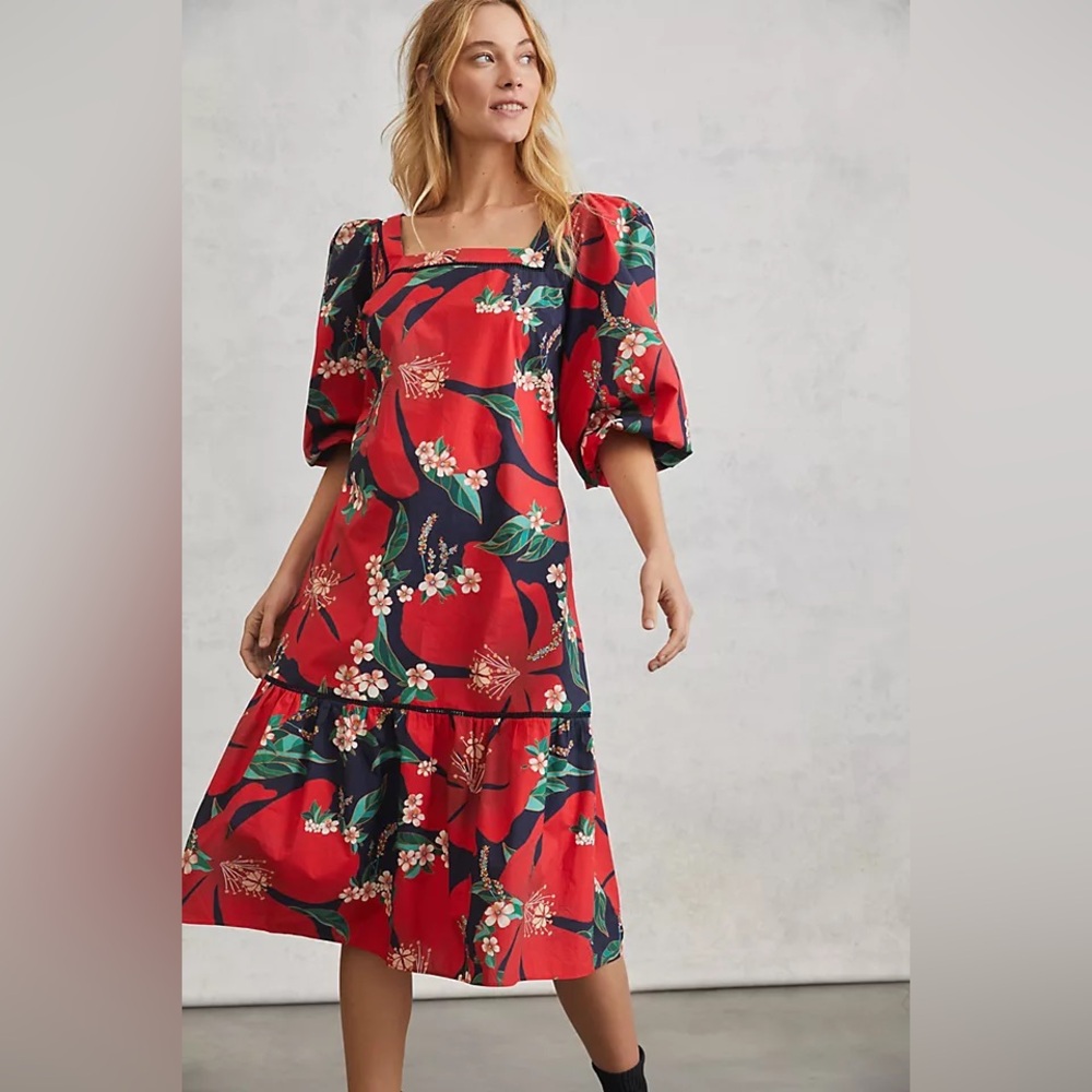 Farm Rio for Anthropologie Red Floral Midi Dress